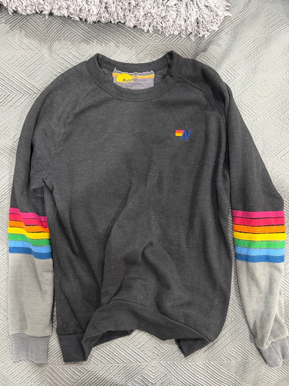 Aviator Nation Black Crewneck with Rainbow Sleeve Stripes